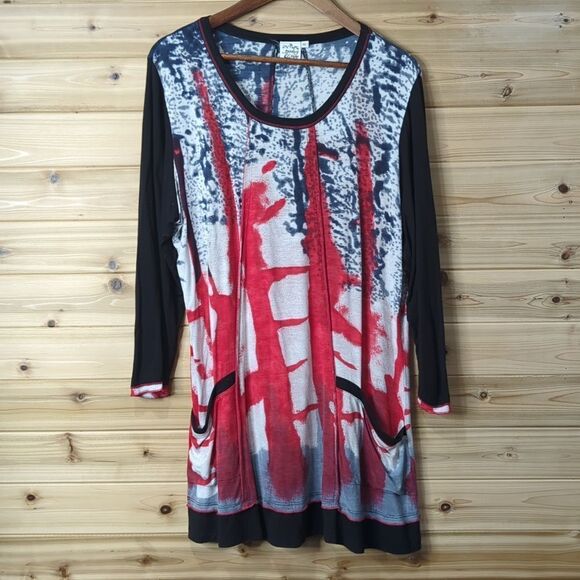 Parsley & Sage Top Womens XL Multicolor Art Blouse Black and Red Tunic - Picture 1 of 8